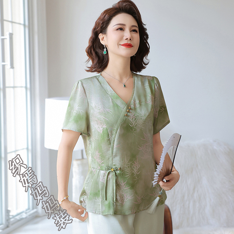 妈妈夏装新款洋气印花短袖上衣2025中老年女装时尚休闲显瘦小衫
