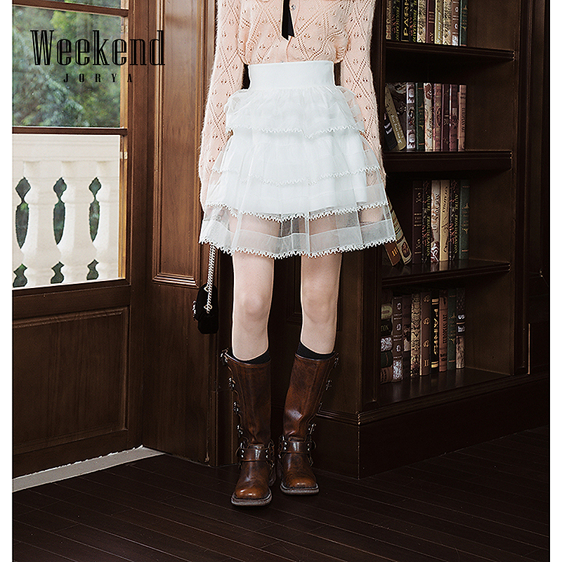 卓雅周末25春季新款高腰A字优雅甜美薄纱蛋糕短款半身裙R200612A