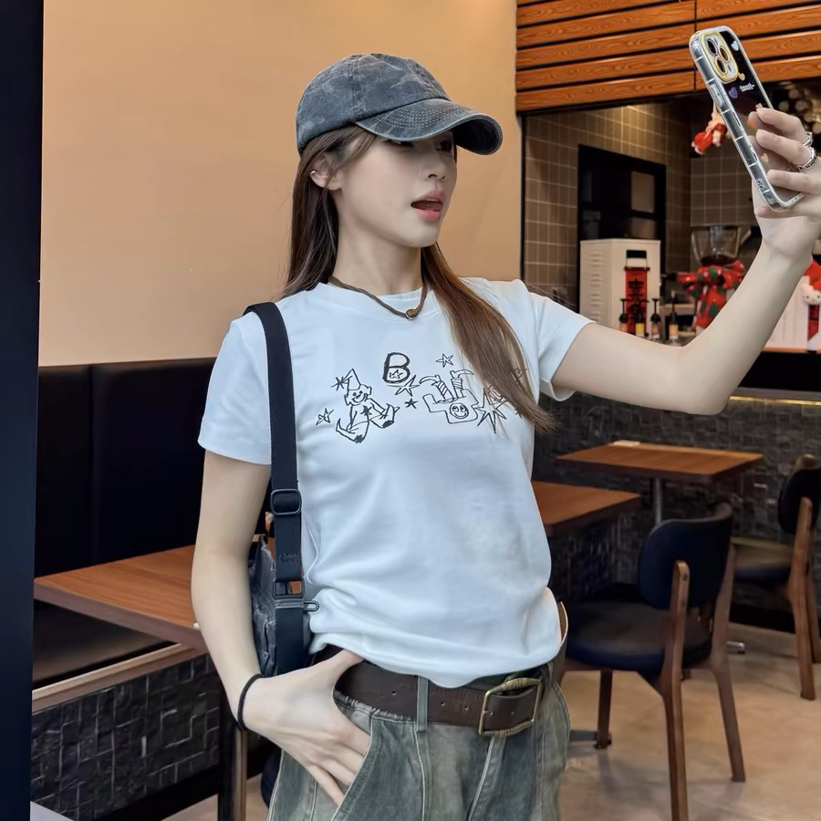凡Fan【搞怪小丑】美式复古正肩圆领短款短袖街头休闲显瘦宽松上衣