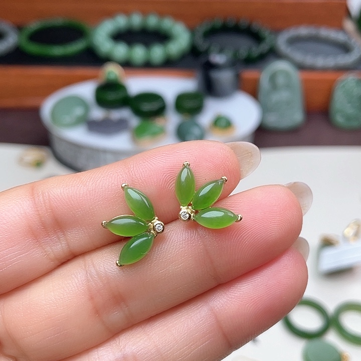 和田玉（碧玉）耳饰银S925镶嵌