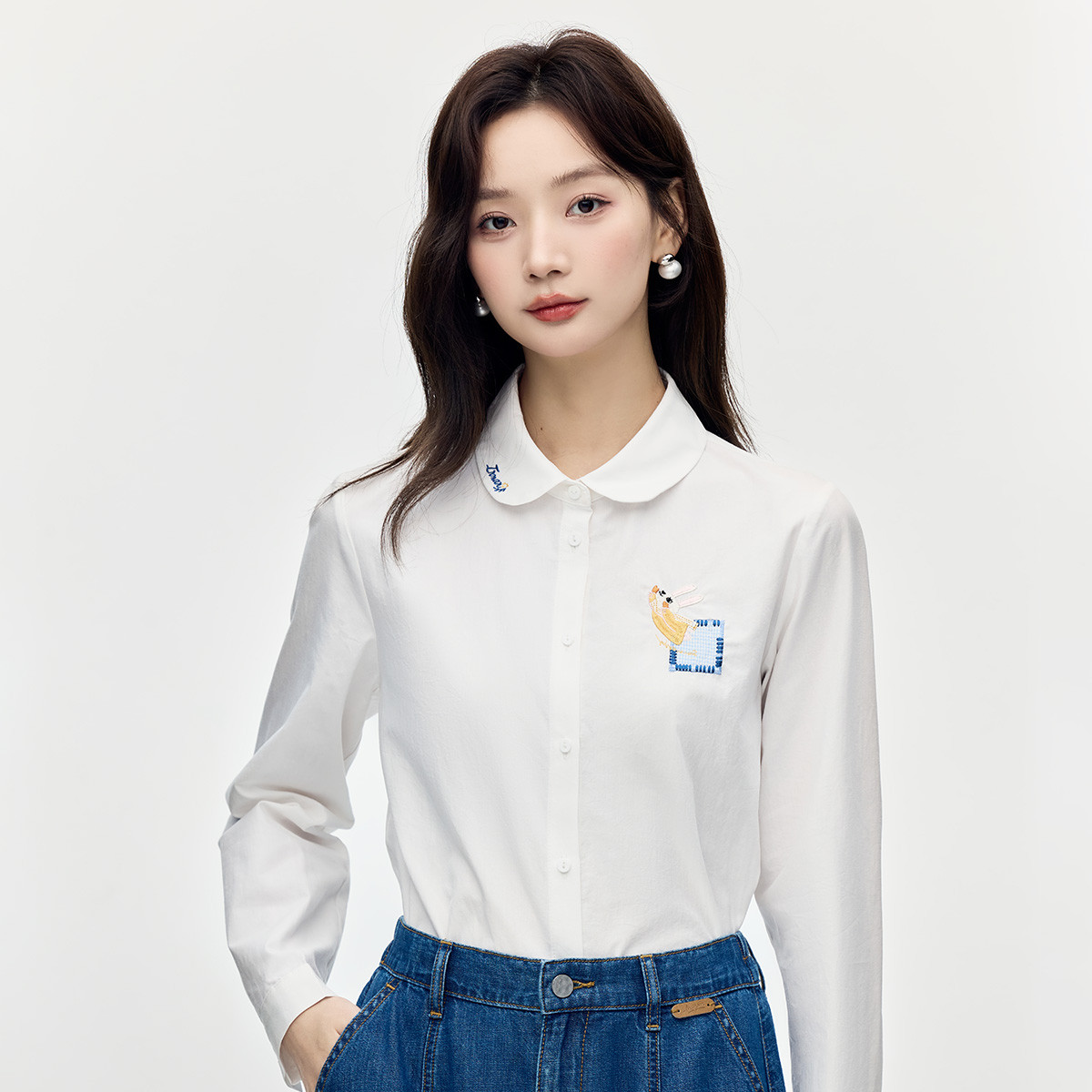 【年货穿新衣】茵曼春季纯棉舒适文艺长袖白衬衣女绣花百搭通勤衬衫