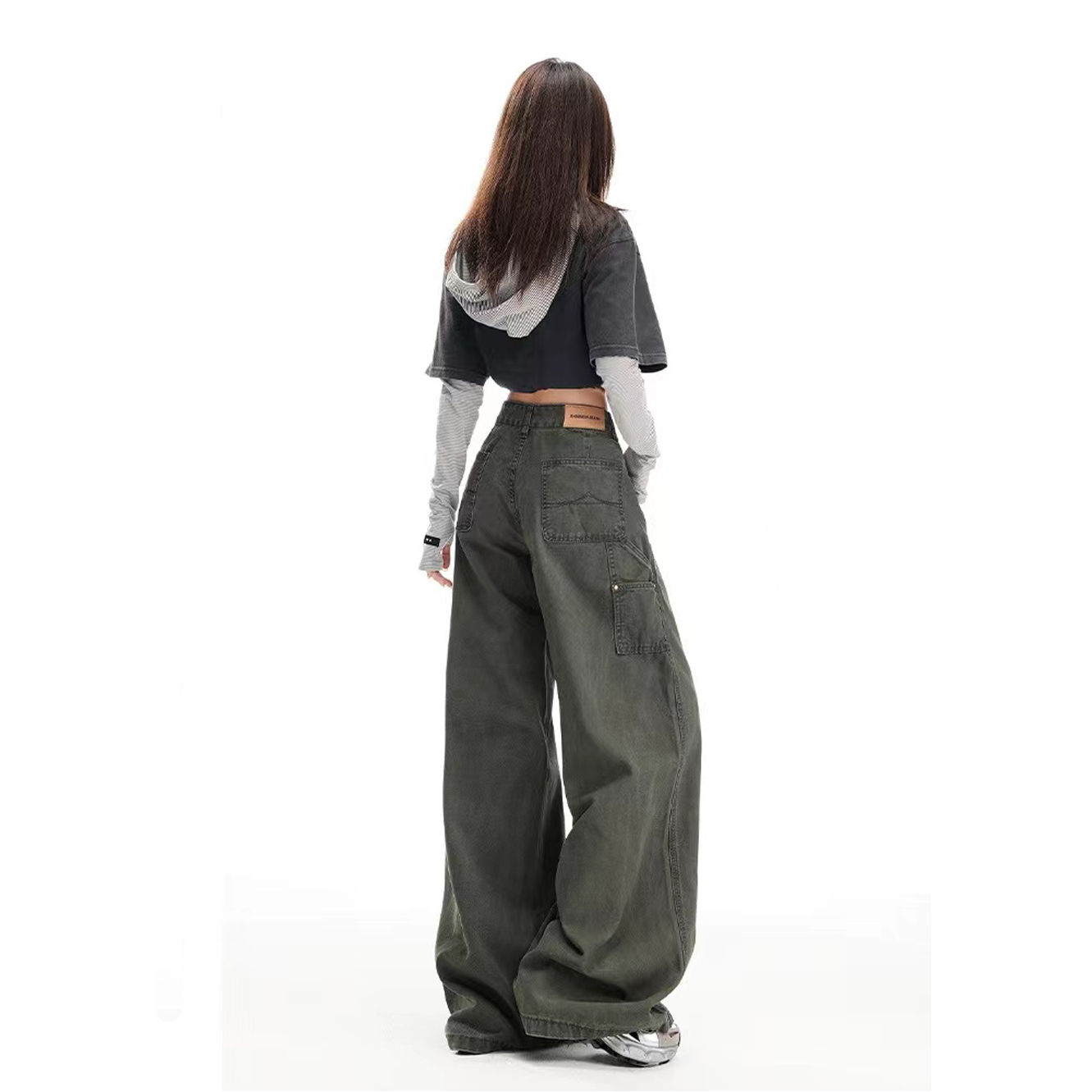 美式军绿色工装裤女2025秋季新款高腰显瘦宽松直筒阔腿牛仔裤子