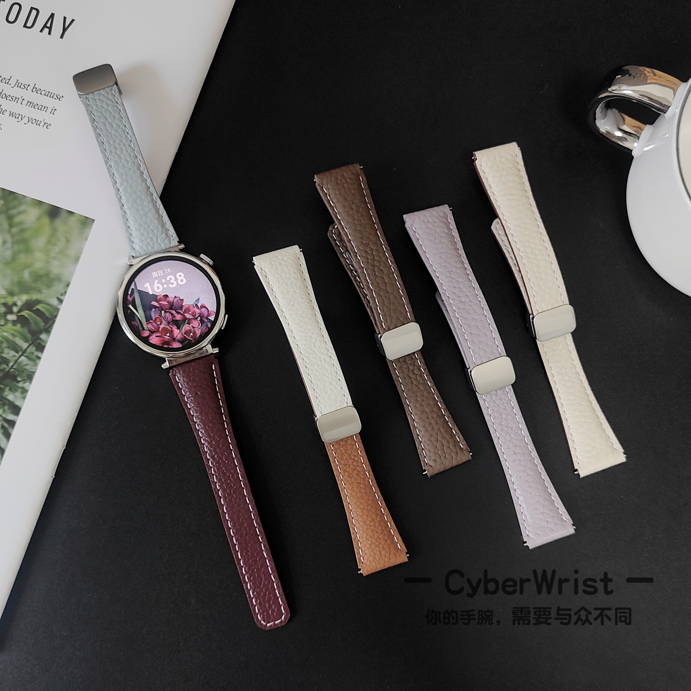 适用于GT6小表盘GT5荔枝纹小蛮腰磁吸折叠扣表带GT4替换表带