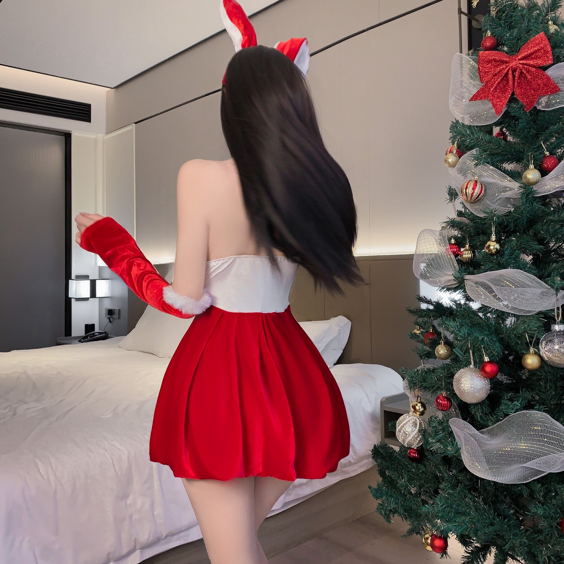 圣诞款纯欲风红色外穿抹胸性感连衣裙爆款