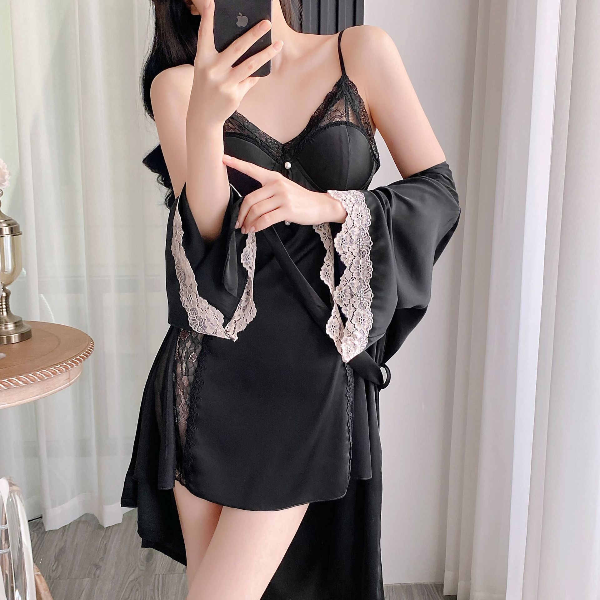 【寻秘】性感可爱女生睡裙套装蕾丝冰丝吊带裙外袍两件套舒适家居服