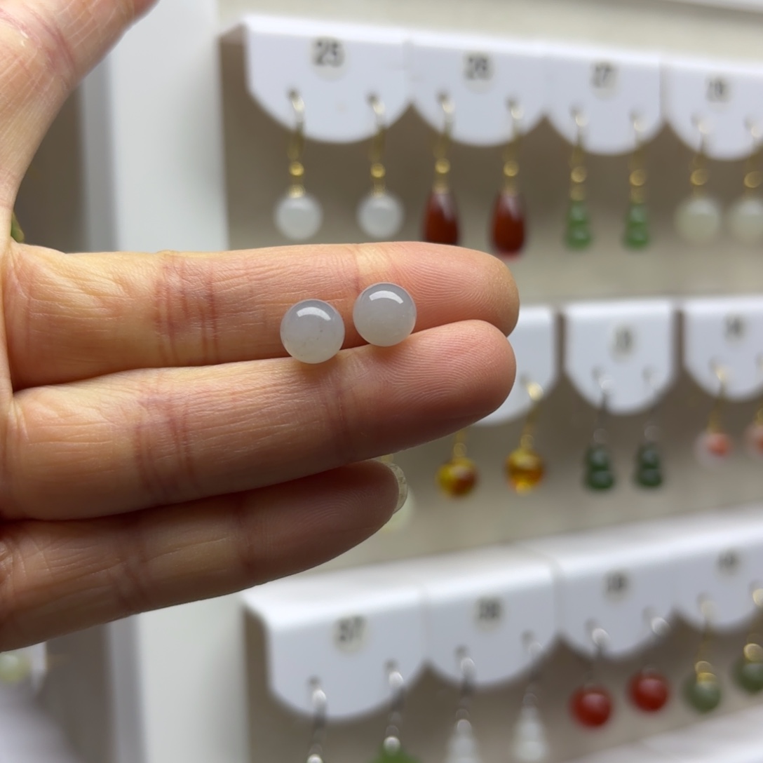 和田玉银S925镶嵌耳饰8mm