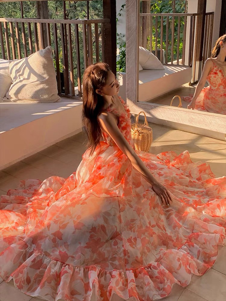 [1-170编号] 碎花度假拍照日常百搭大长裙大摆裙一字肩夏季新款