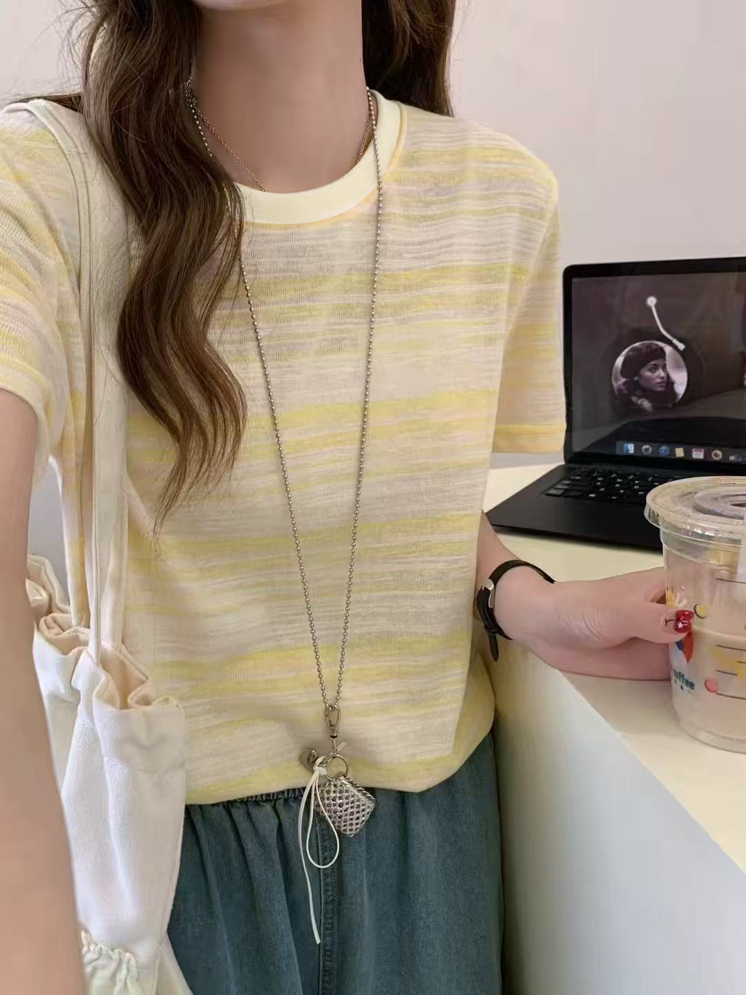 福利款·韩系洋气「贝尔奶黄·多巴胺条纹」短袖针织撞色上衣25062