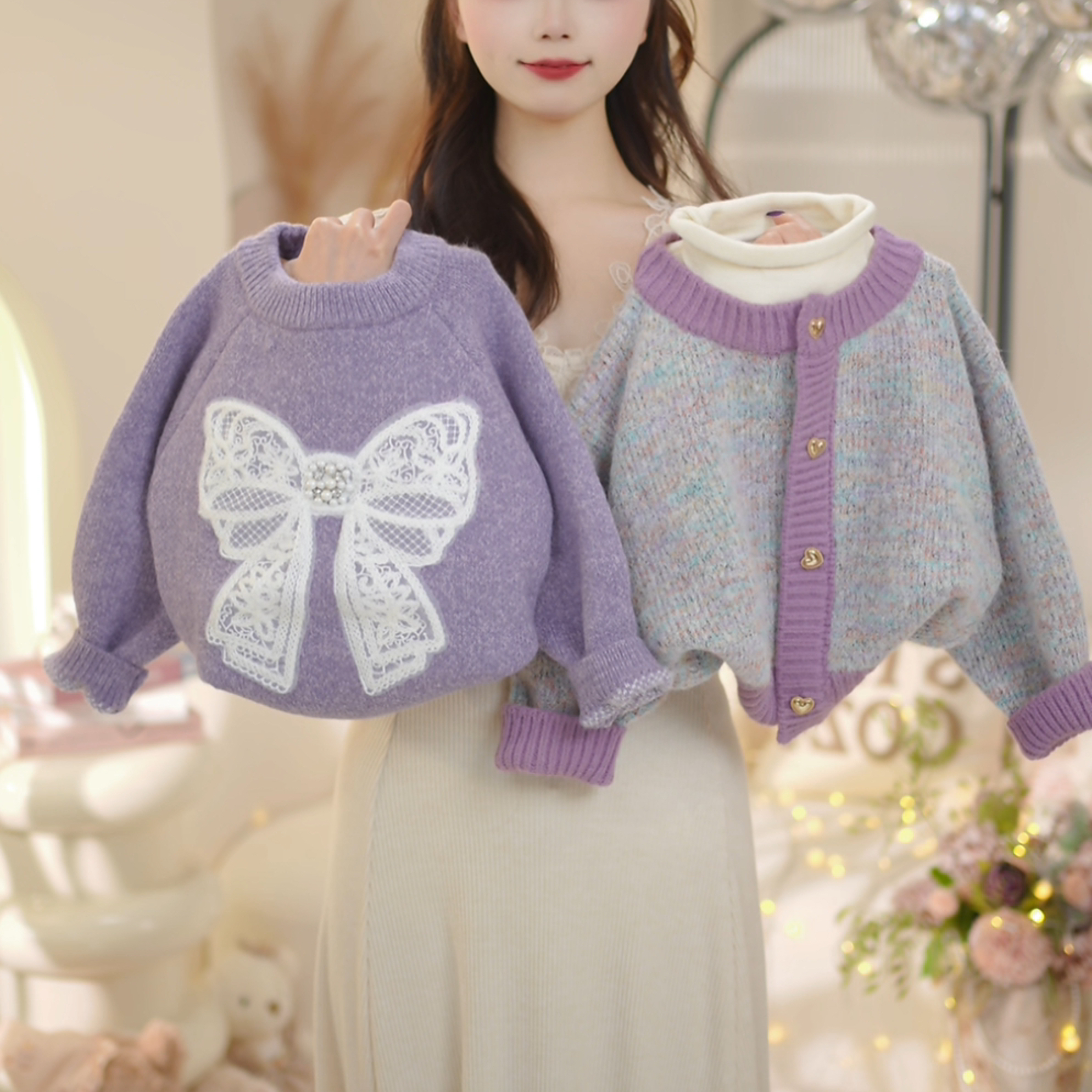 【现货】女童2026冬季新款洋气定制香芋紫加厚毛衣C25085