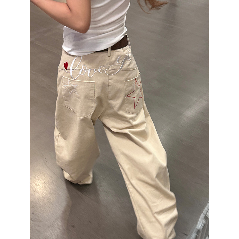 复古星星字母刺绣设计感牛仔裤女秋季新款美式街头直筒宽松阔腿裤