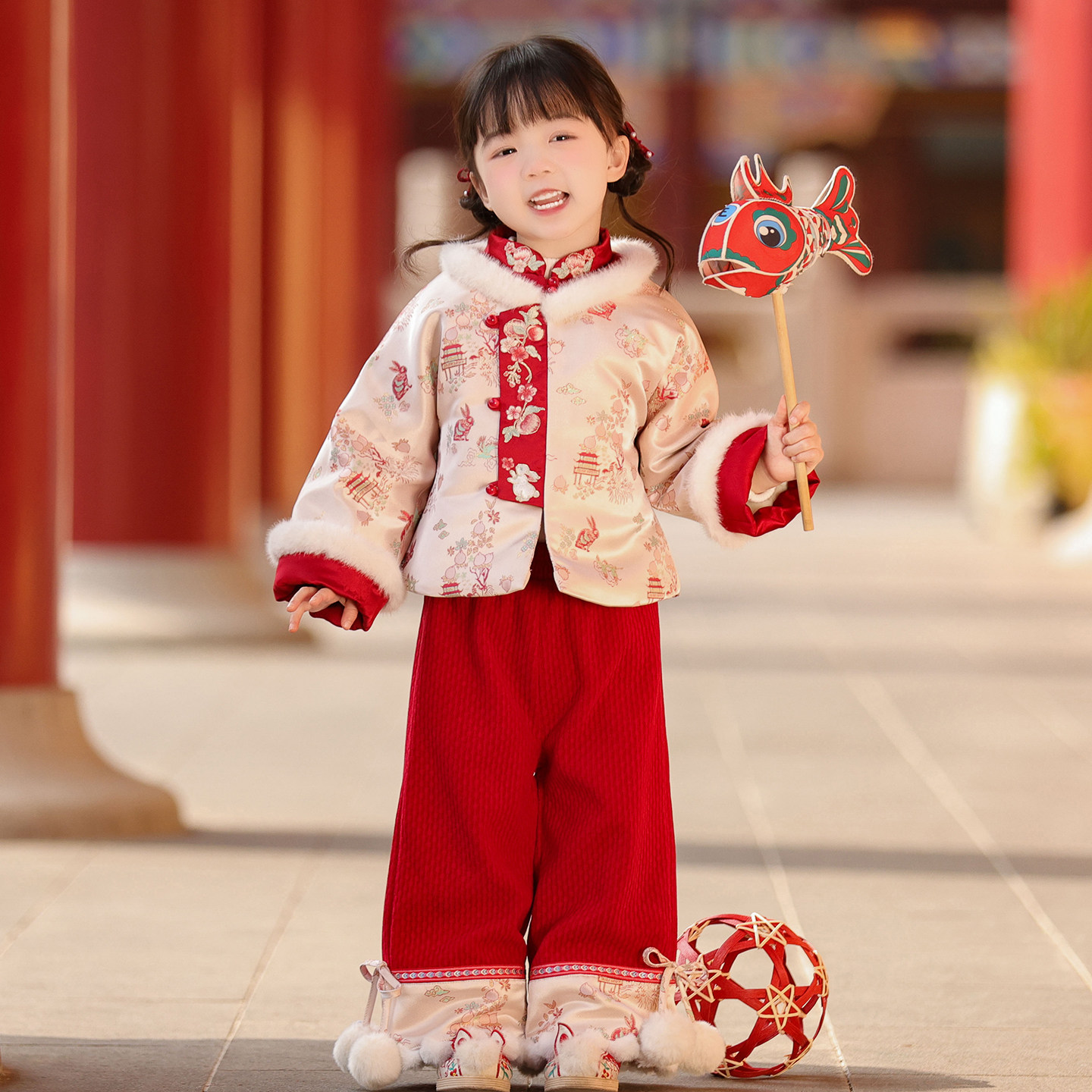 汉服女童2025冬款儿童新中式国风仙气红色加绒裤子拜年服套装唐装