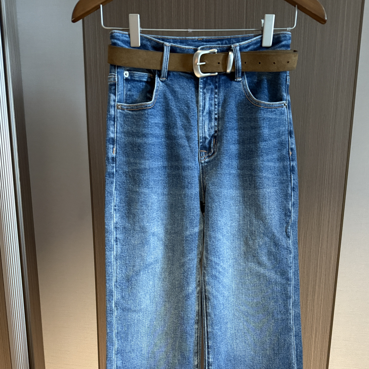 小个子腰带牛仔裤四面弹秋冬微喇裤