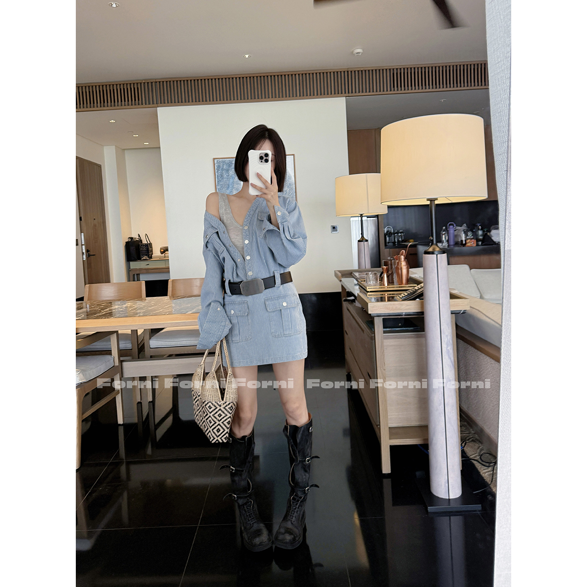 FORNI 伯利兹周刊 高密新疆棉MIU式腰带条纹衬衫裙