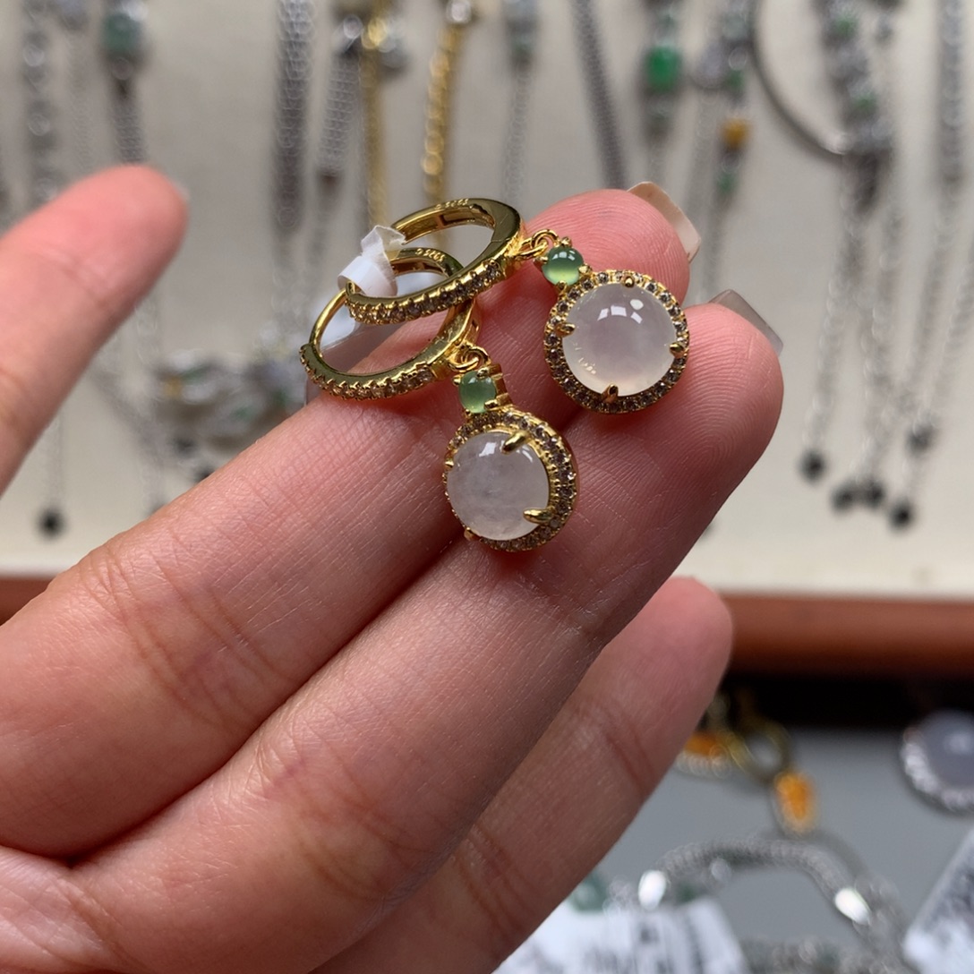 翡翠银S925镶嵌戒指耳钉