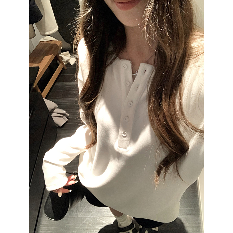 番茄妹妹Tomatosister 半开领纽扣长袖T恤女秋冬宽松打底衫上衣