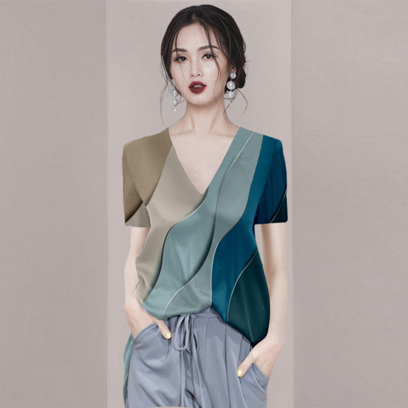 2025新款设计感小众V领衬衫女夏季短袖衬衣拼色法式上衣