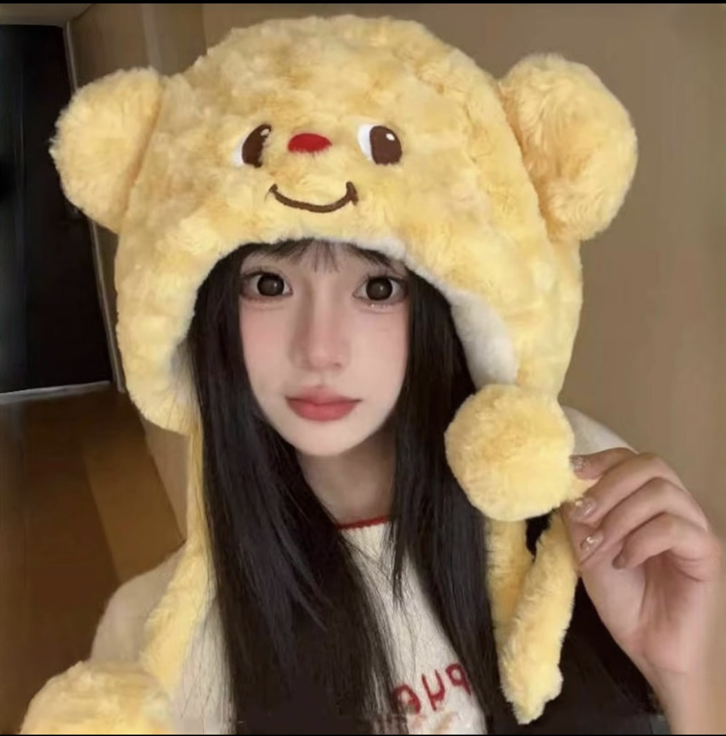 卡通可爱黄油小熊毛绒毛线帽套头针织帽一体保暖防寒厚冬季帽子