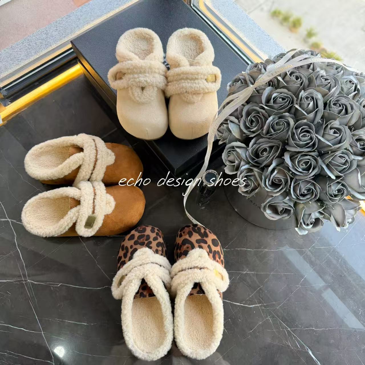 秀气版毛绒绒刺绣v口魔术贴小金扣厚底加绒保暖包头勃肯拖鞋女冬