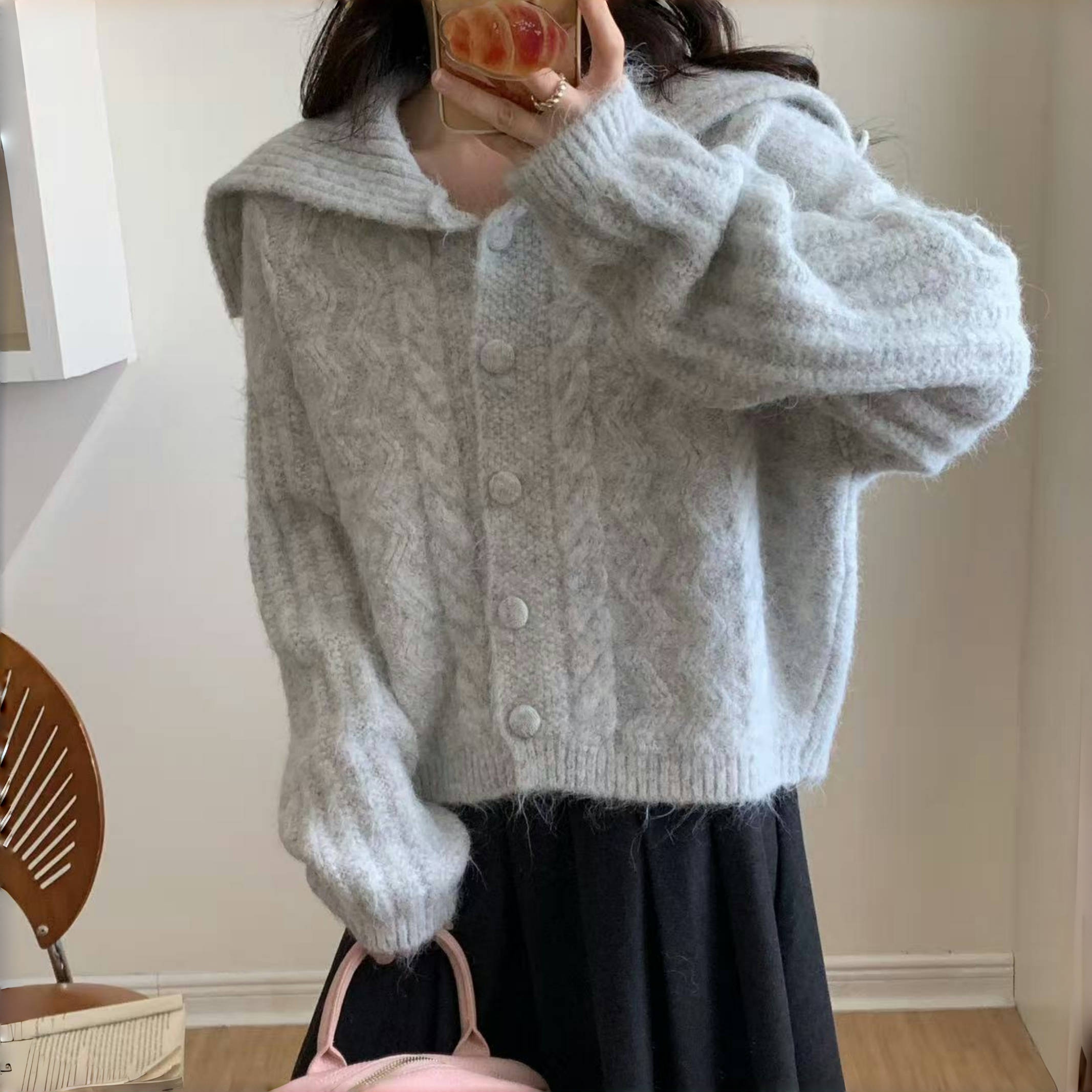 【萌小乖专属】新款翻领针织毛衫厚款慵懒感单排扣毛衣女ins