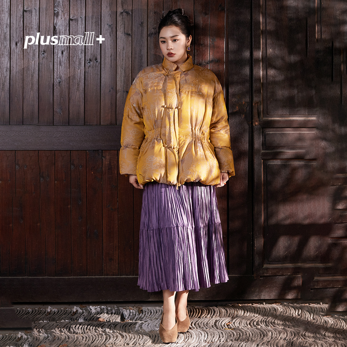 PLUSMALL 琥珀暖绒 三星安心绒新中式提花收腰羽绒服PM2511137