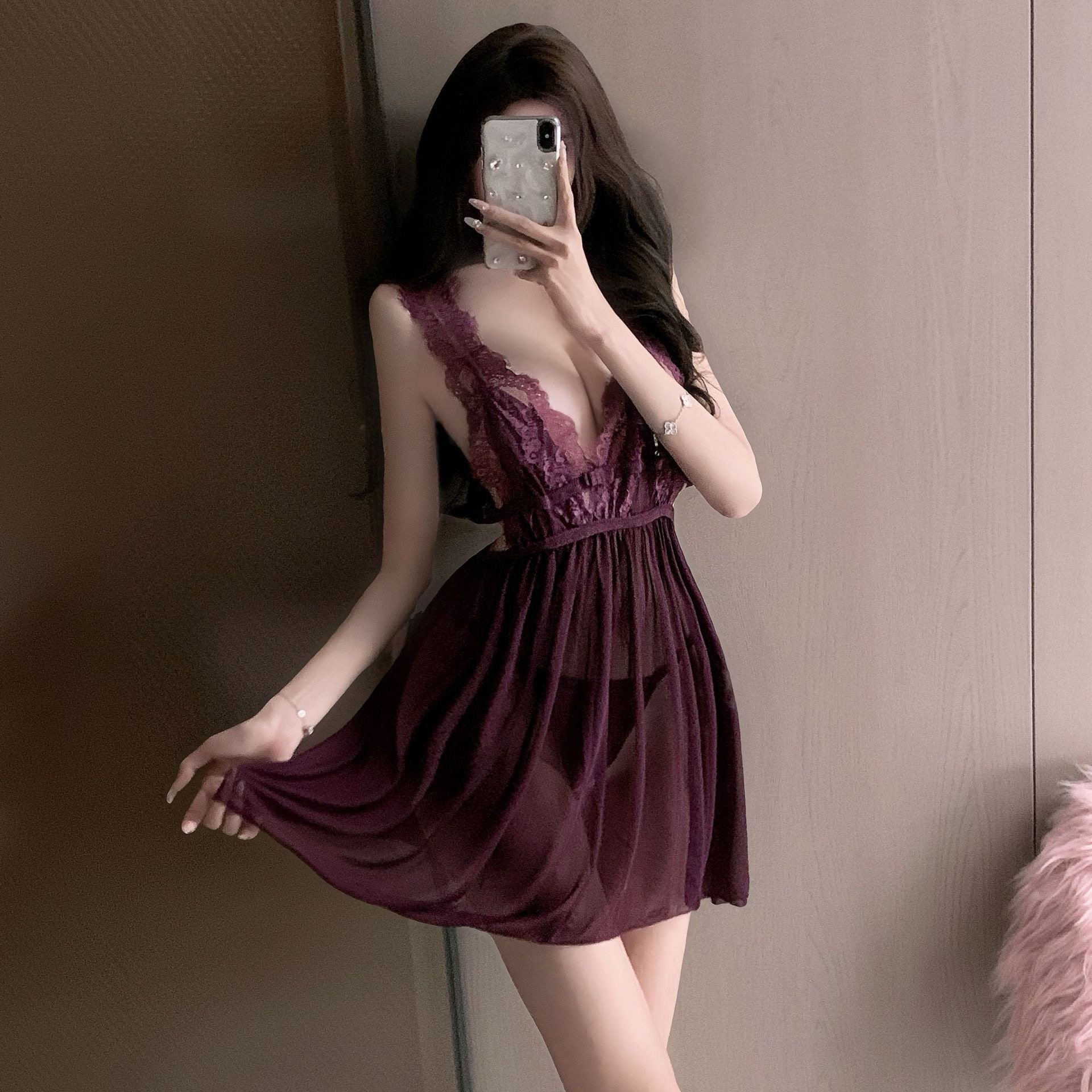 法式女士纯欲风蕾丝美背睡裙2474