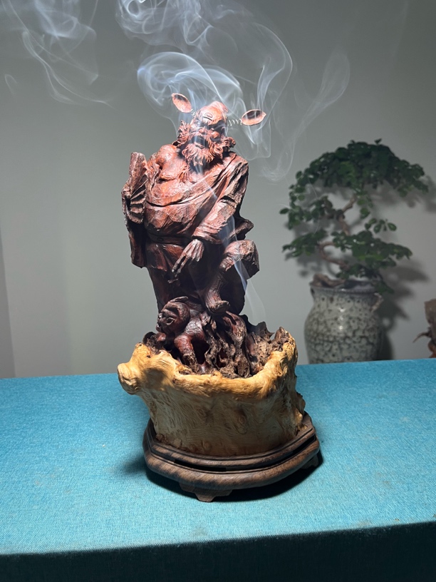 荔枝木老料手工精雕钟馗香炉摆件14*14*30CM