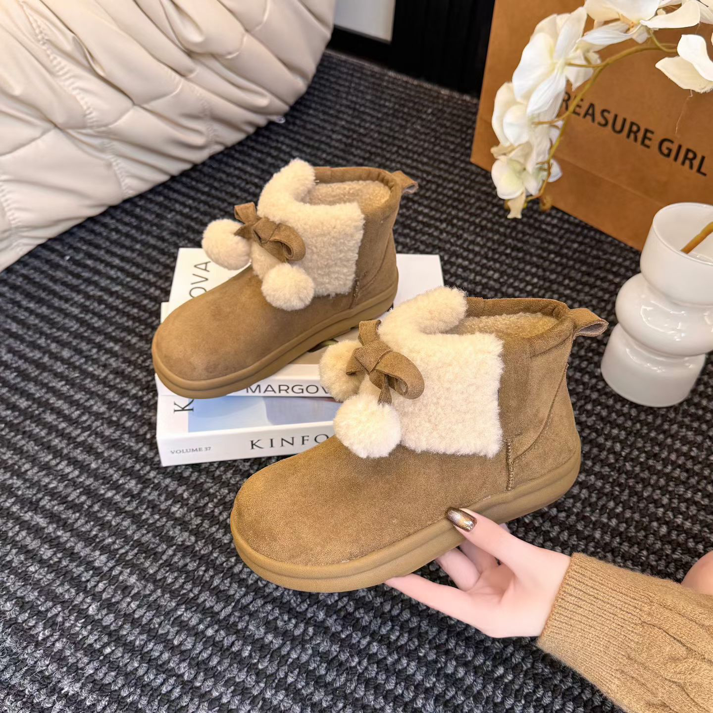 8018-1新款冬季加绒3.5cm毛球保暖棉鞋女厚底防滑加厚雪地靴女G3