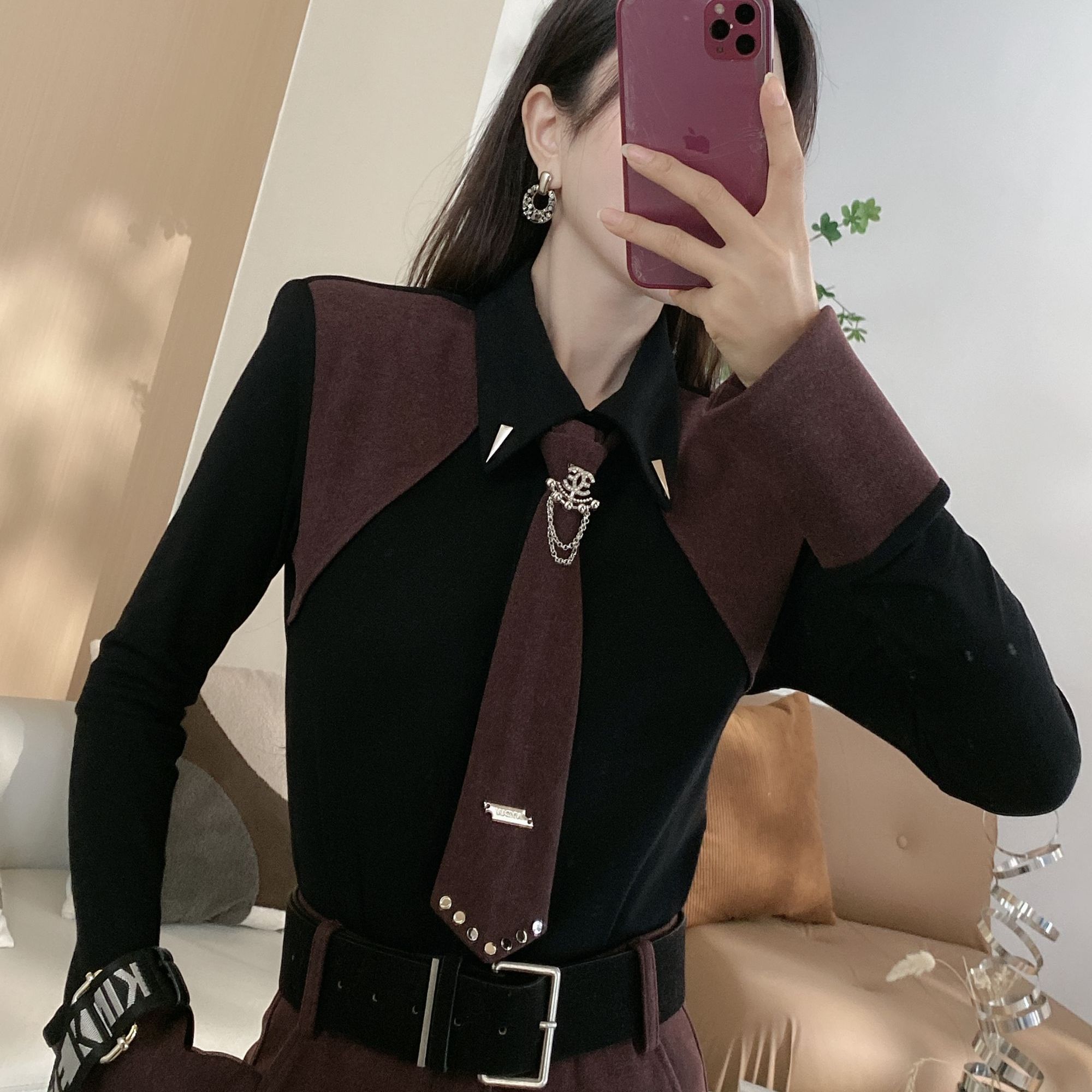 加磨毛绒拼接领带减龄上衣（LD）6997