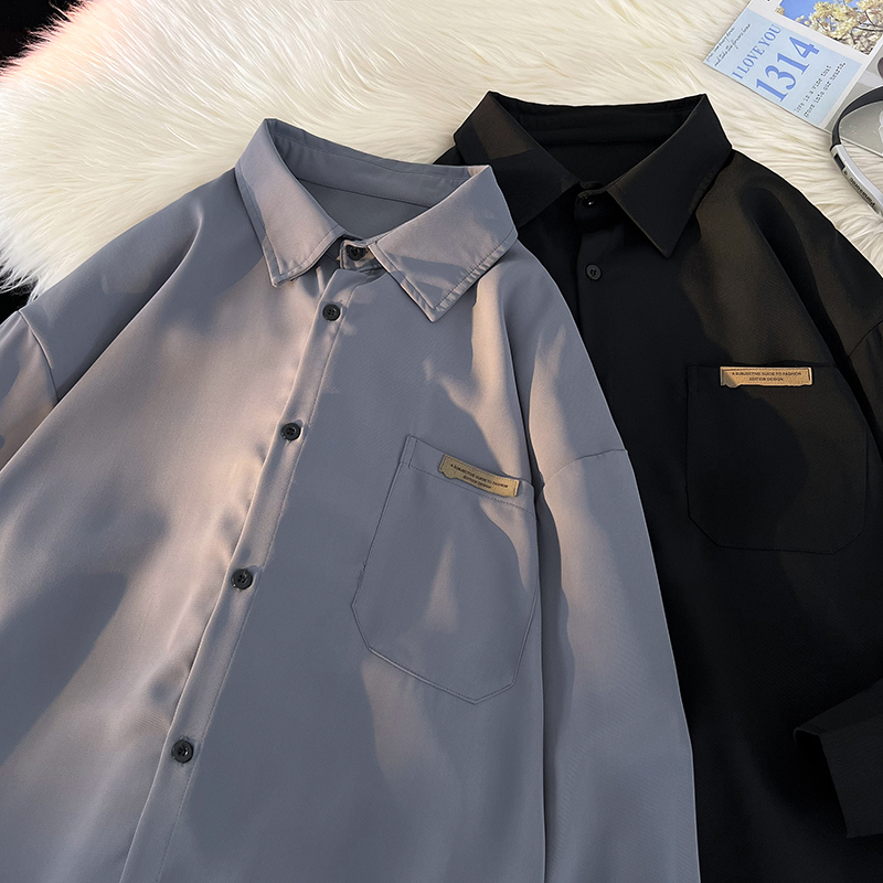 长袖秋新设计感冰丝长袖衬衫宽松港风纯色男潮流大码外套