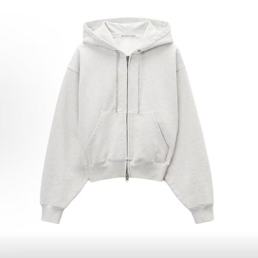 未使用 ALEXANDER WANG （巴黎奢品灰色 水晶烫钻装饰抽绳连帽卫衣