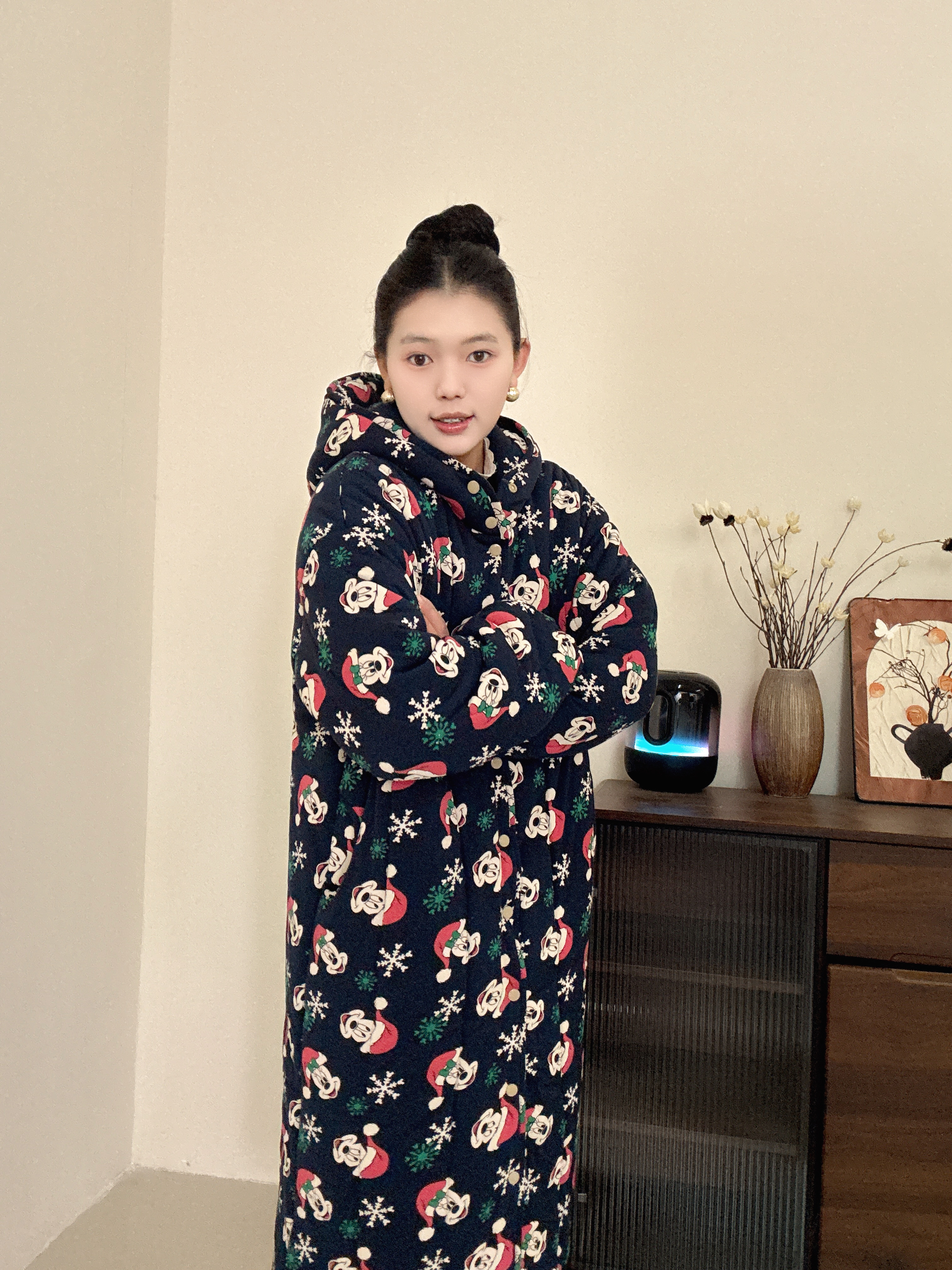 【圣诞米奇】300g新疆棉连帽直筒大长款宽松家居服女保暖棉衣棉服