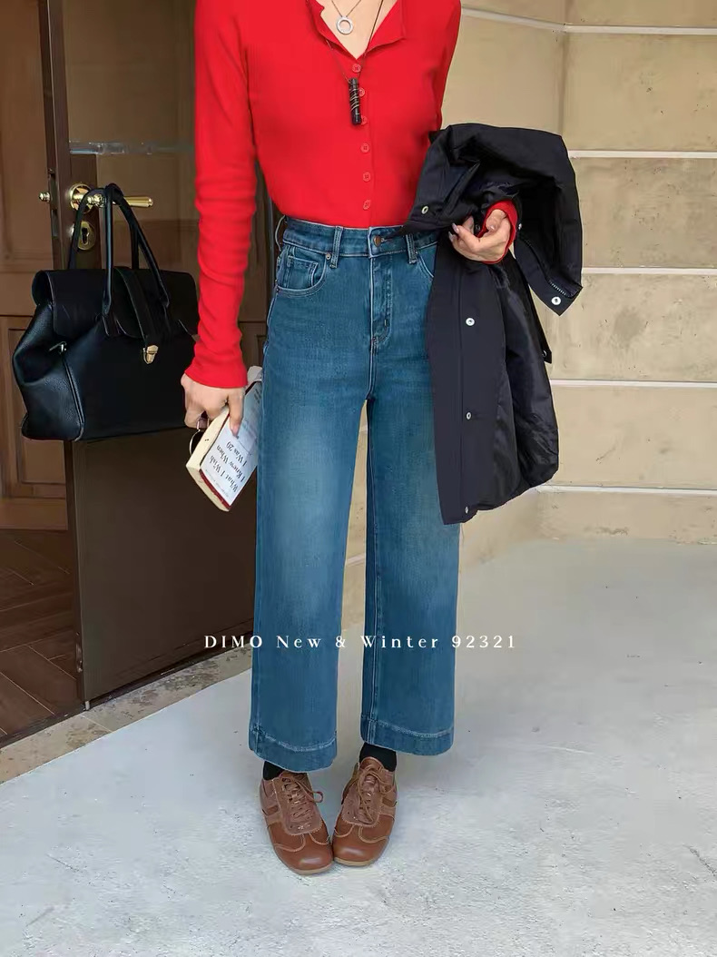 【92321-植绒兰】 dimo家 冬季薄绒 小个子四面弹直筒裤牛仔