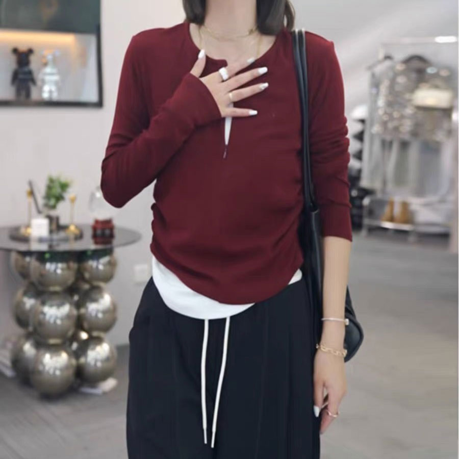 洋气纯色长袖红色拉链T恤短款春秋内搭气质假两件打底衫显瘦