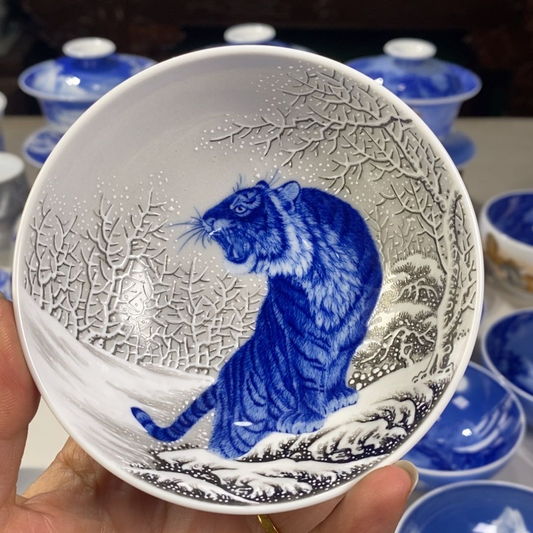 瓷片青花老虎主人杯杯