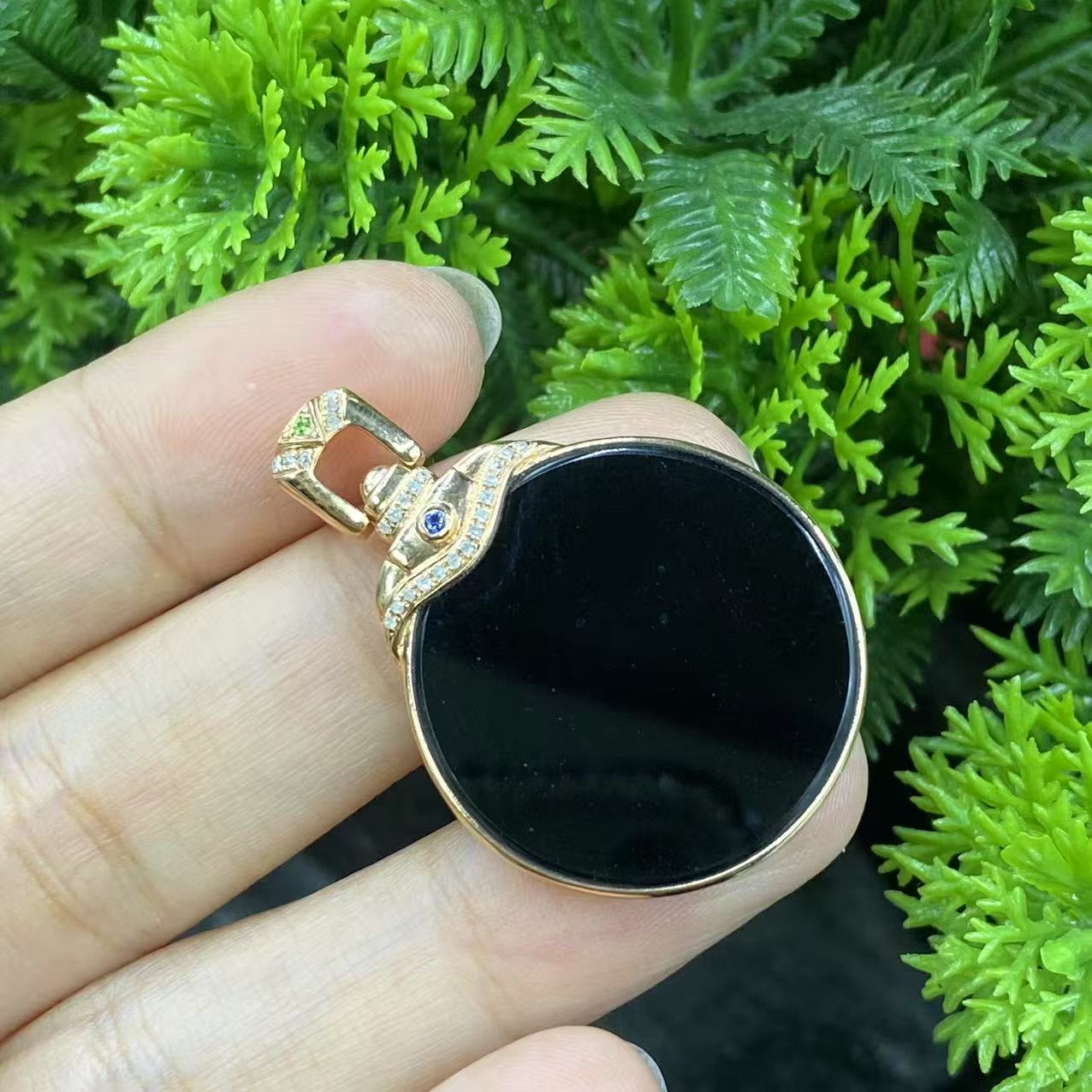 新春大集翡翠吊坠（不含链）18k金镶嵌--墨翠无事牌1170 5