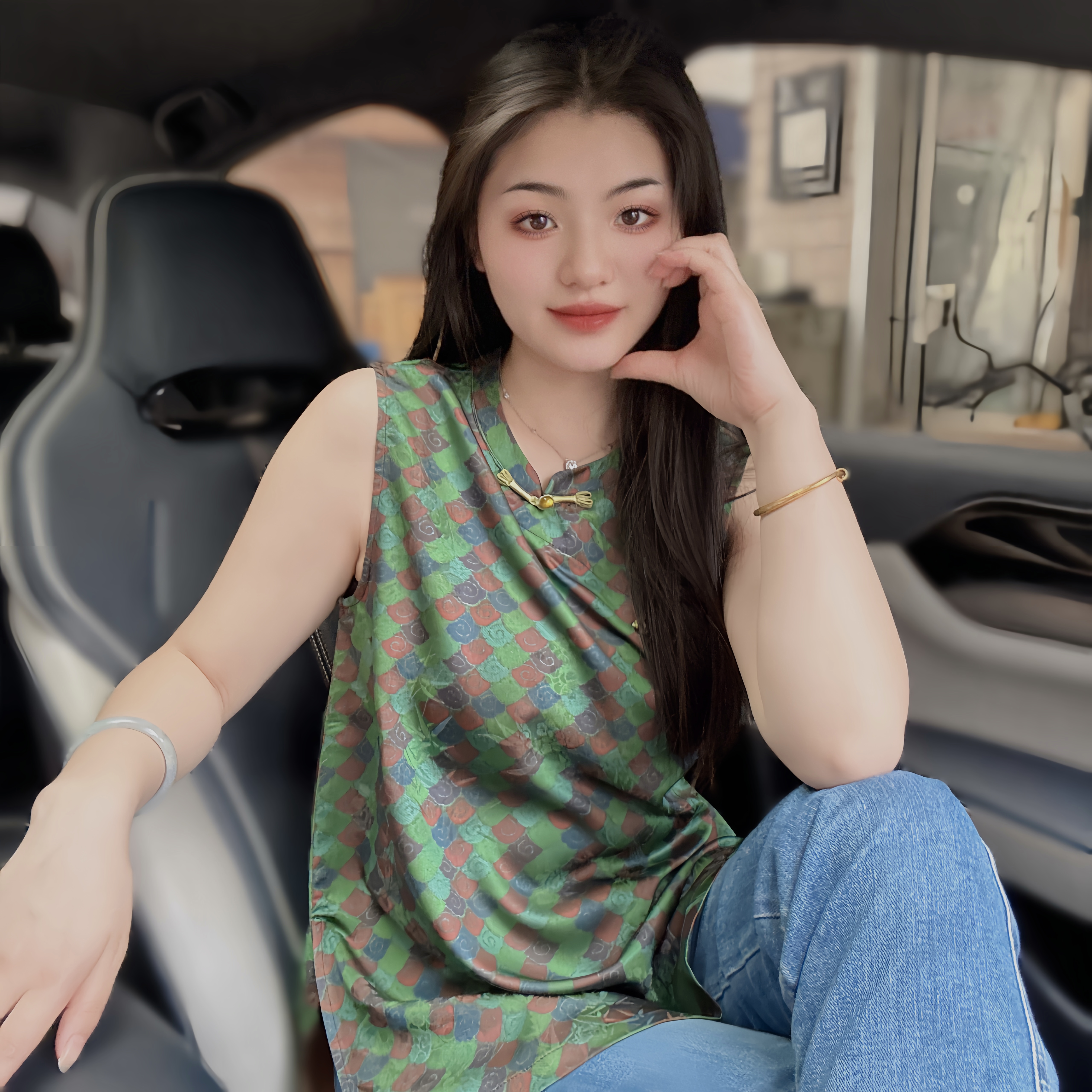 【绿野】新中式碎花复古宽松百搭T恤国风轻奢提花文艺中长款上衣