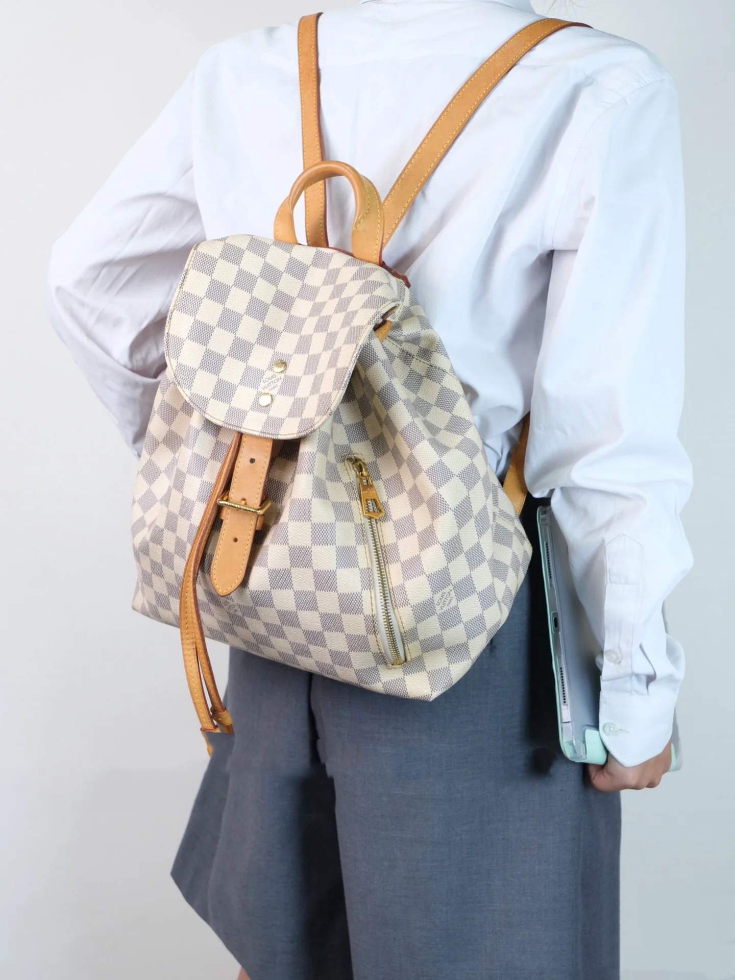 95新 LouisVuitton/路易威登 多宝二奢/76313/棋盘格双肩 17年