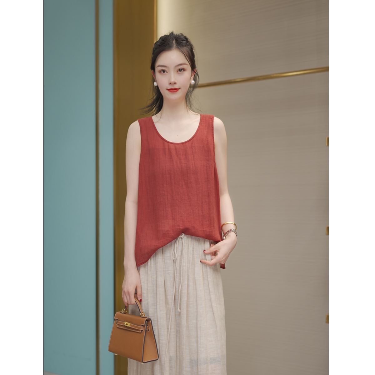 8090天花板炒色苎麻吊带夏季新款衣长50胸围108宽松背心文艺复古
