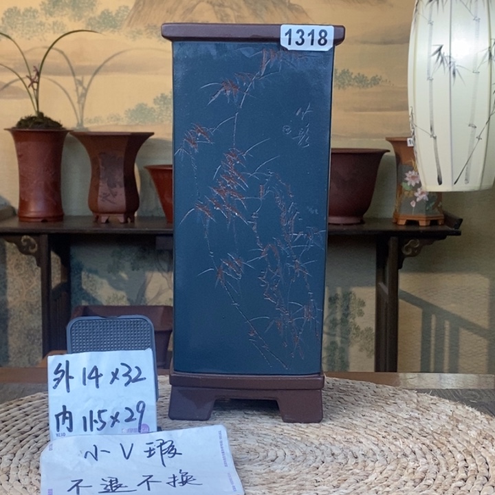 紫砂花盆  微瑕精品墨蓝刻绘签筒1318