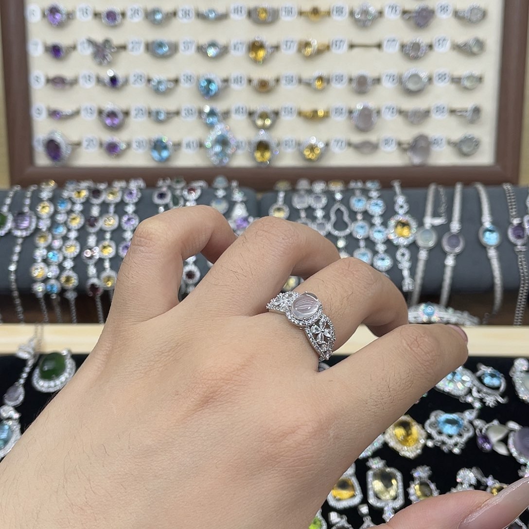 芙蓉石银S925镀金镶嵌戒指