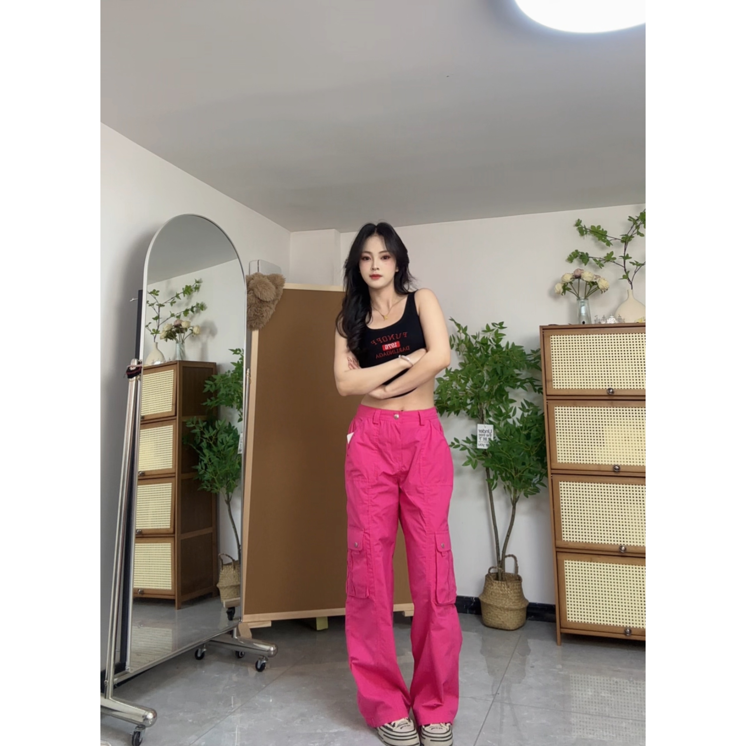 阔腿显瘦高腰直筒新款迷彩多袋裤时尚百搭宽松直筒红色迷彩工装裤