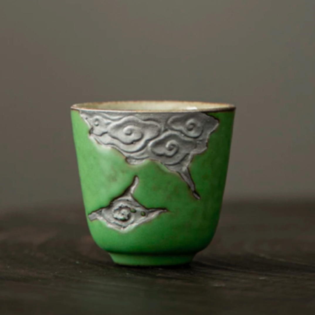 竹青老岩泥粗陶祥云品茗杯手工原矿主人杯