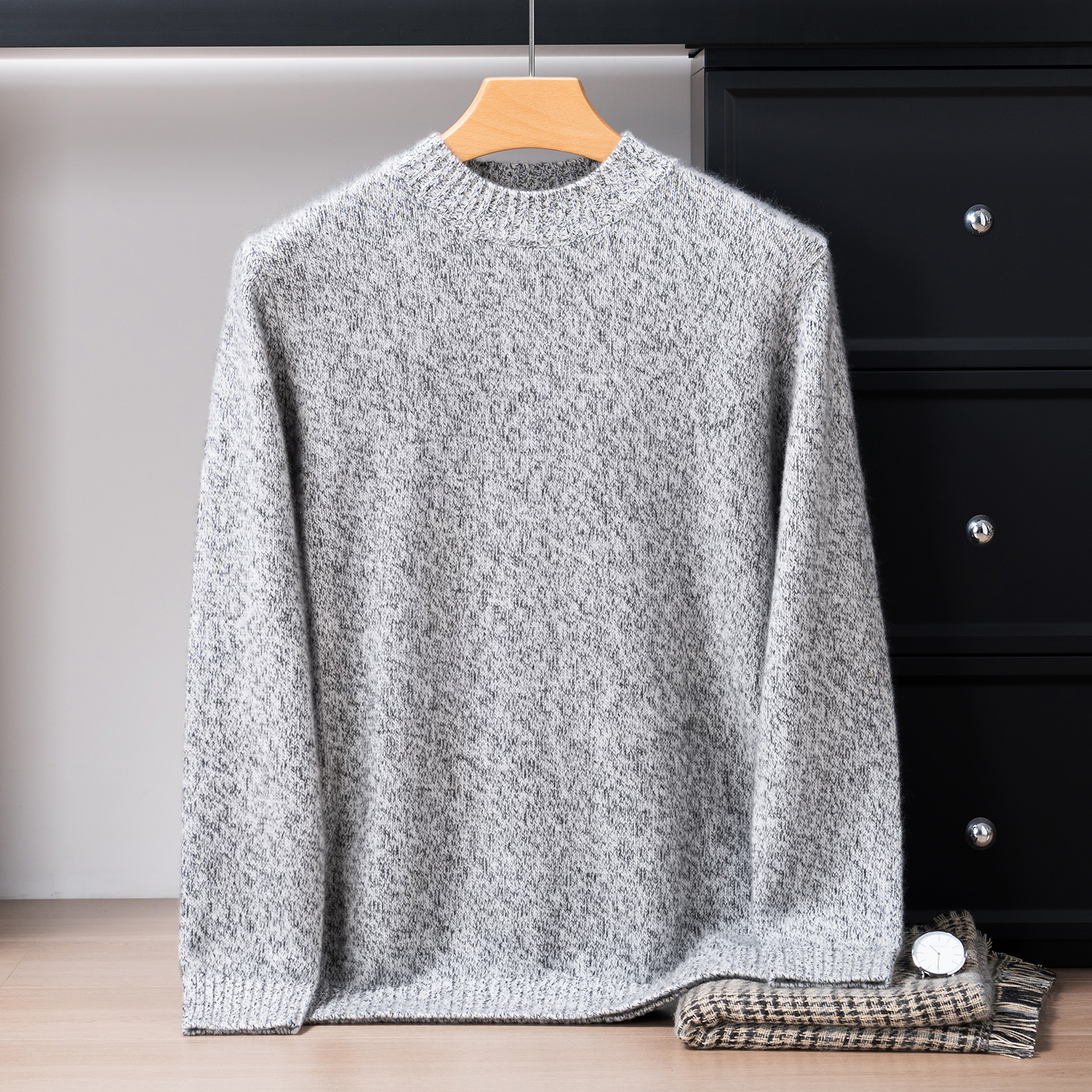 5针3股特厚花纱100%纯山羊绒衫男秋冬圆领时尚针织衫宽松保暖毛衣