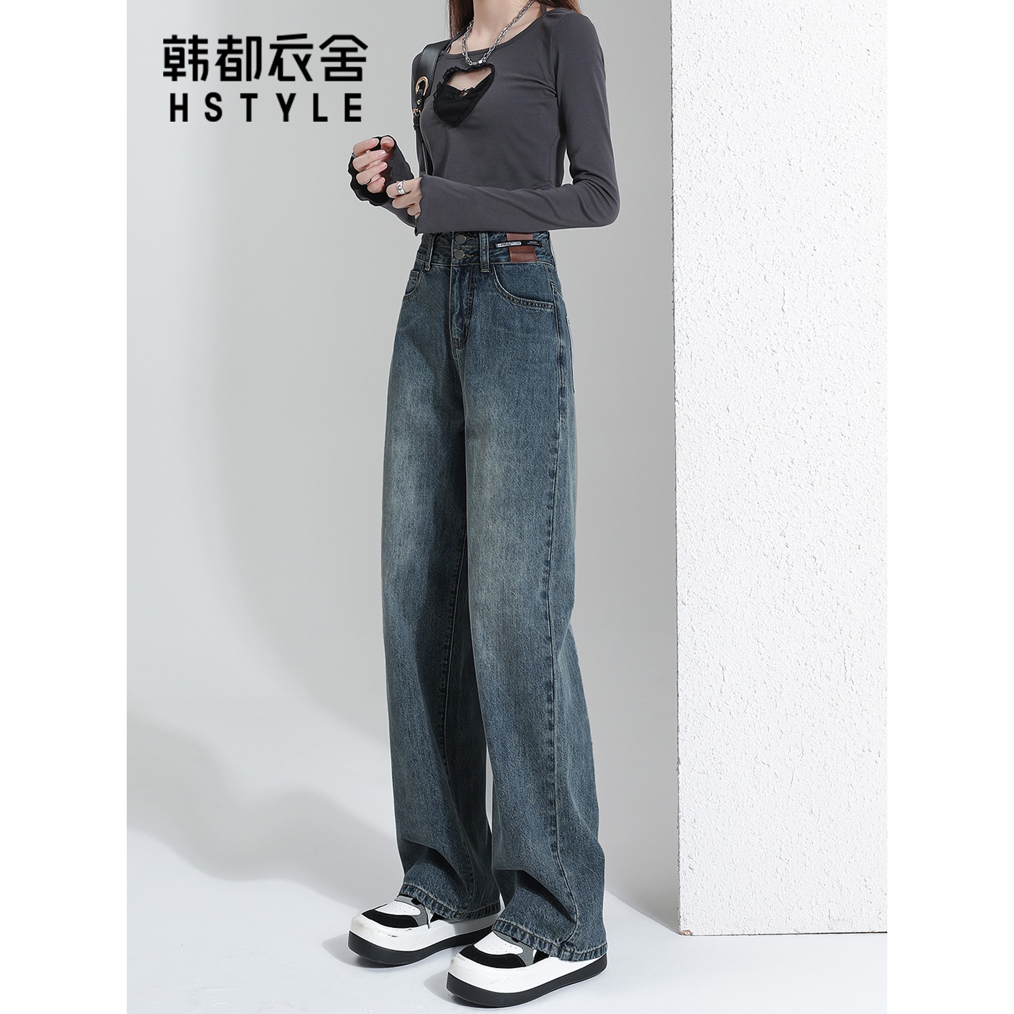 韩都衣舍复古阔腿牛仔裤女2025新款高腰显瘦宽松垂感拖地直筒裤子