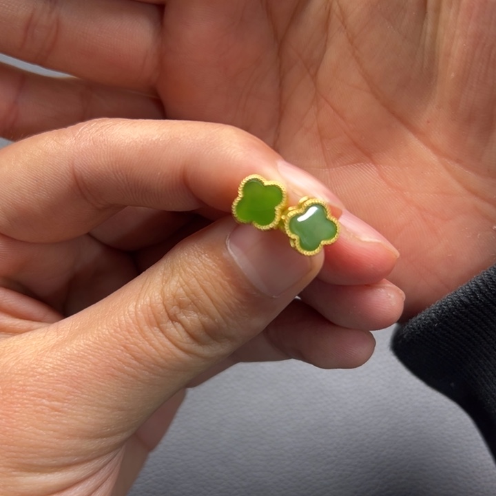 和田玉耳饰银S925镶嵌多样性四叶草耳钉