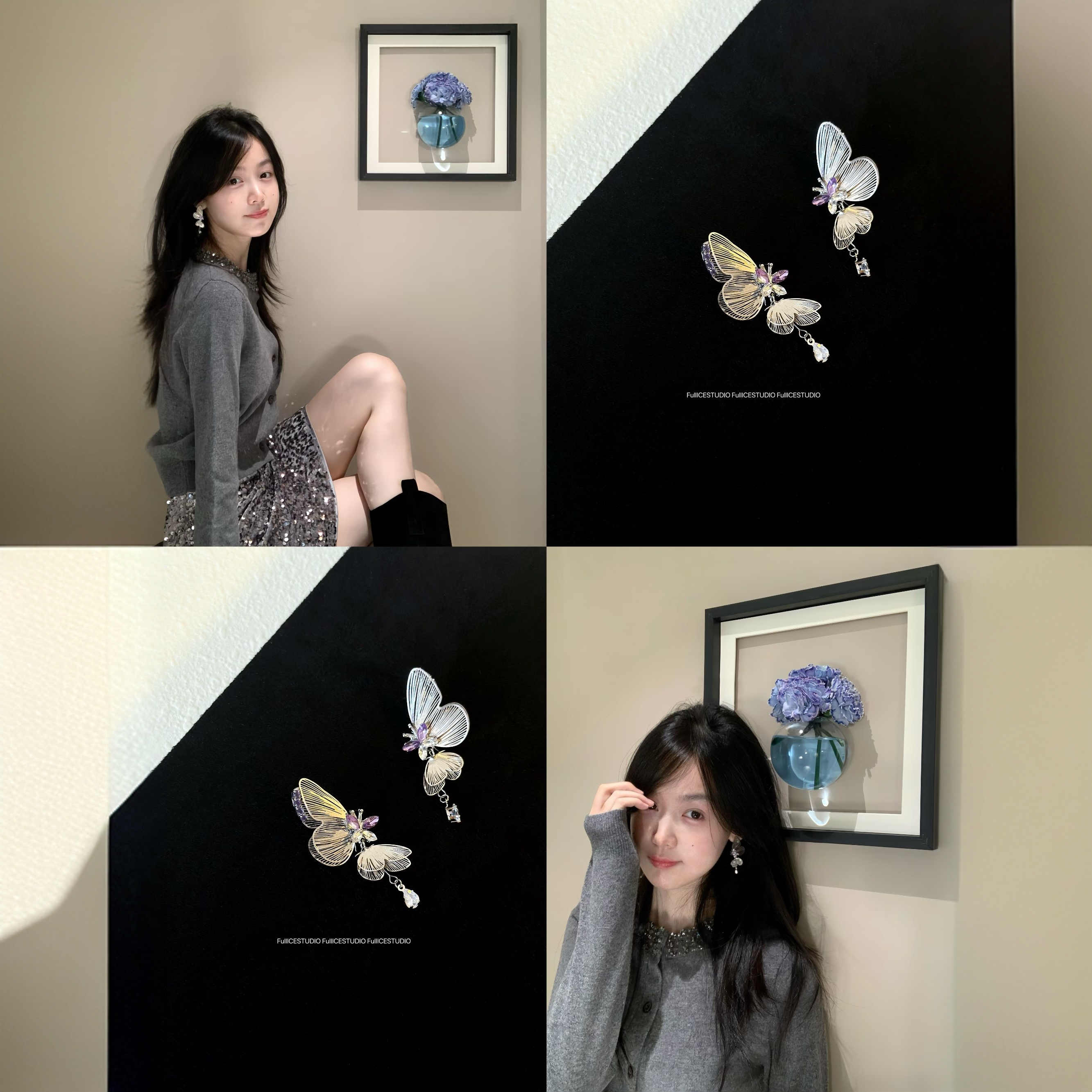 合金耳饰 【FUFU直播专属】花蝶幻影春夏浪漫立体蝴蝶高级气质耳环