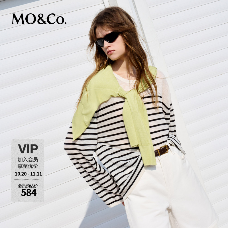 MOCO针织衫2025春新品含绵羊毛条纹肌理感轻柔微透圆领MBE1SWTT04
