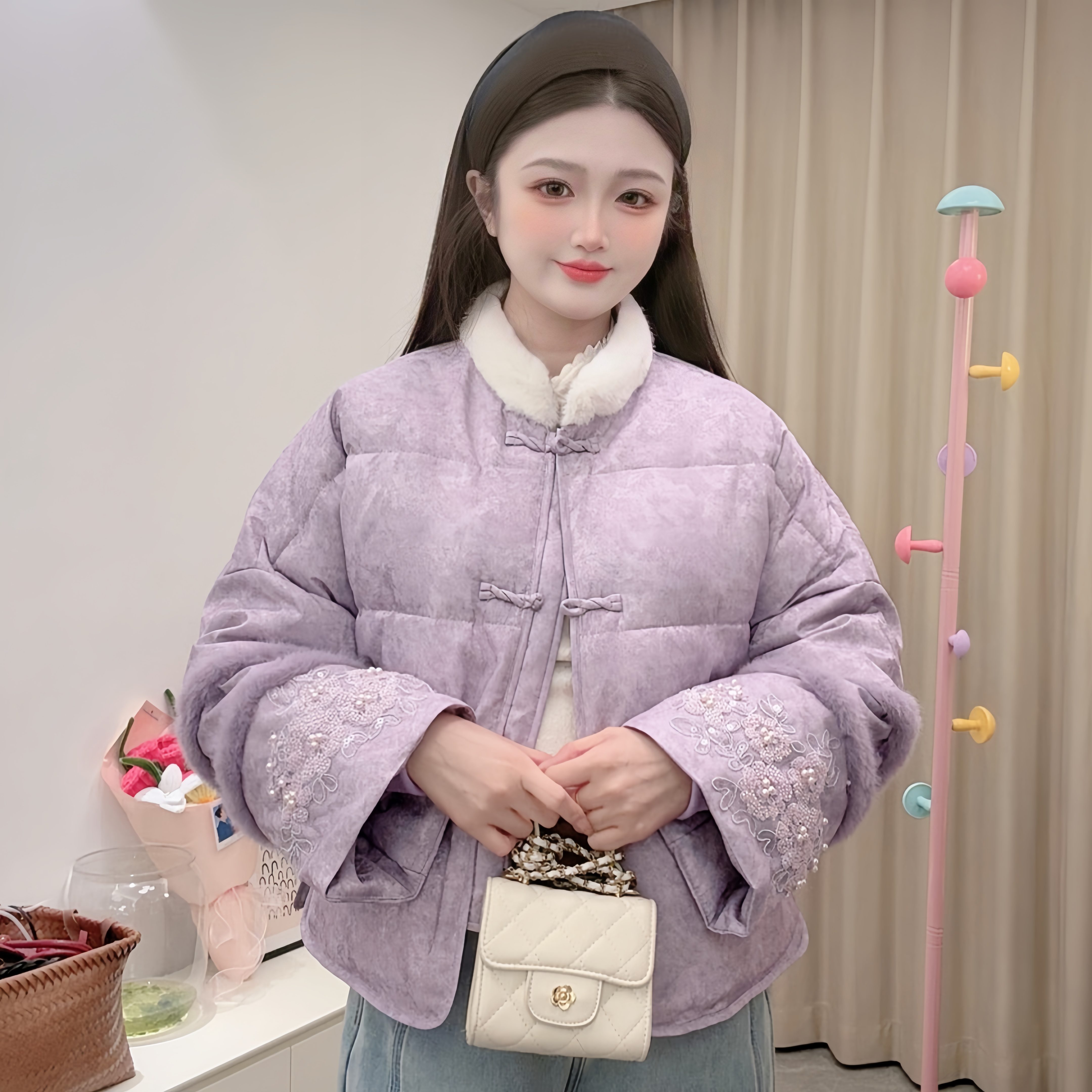 YM-2025新款冬季拼接刺绣盘扣白鸭绒外套显瘦百搭女国风羽绒服