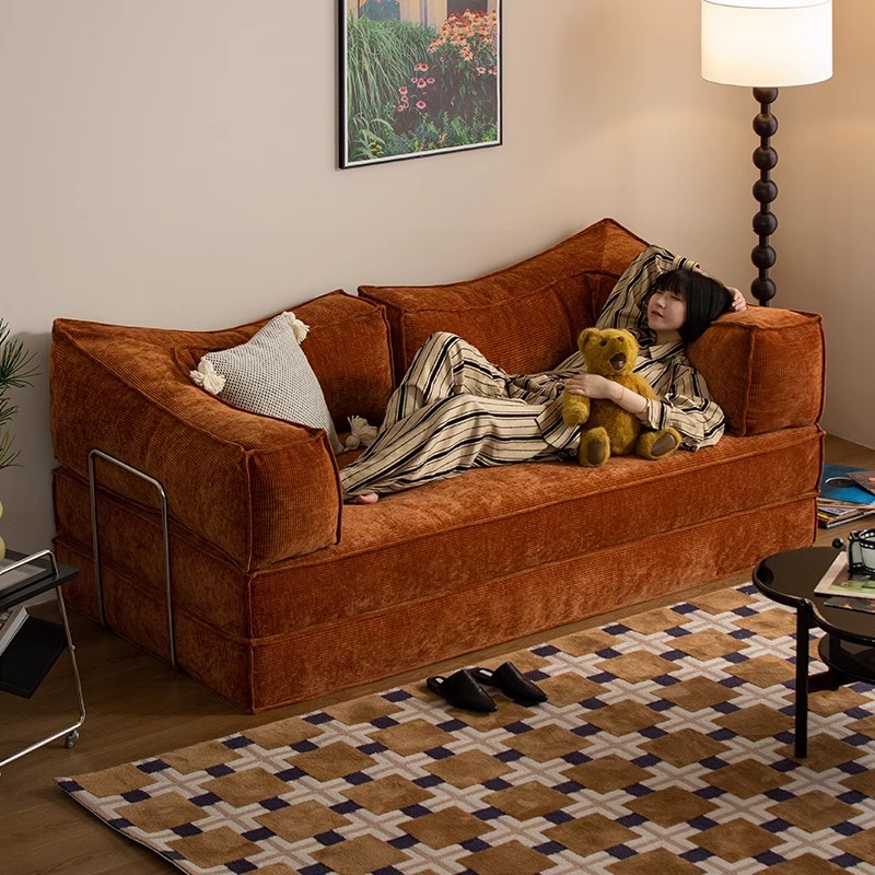 中古风布艺沙发小户型客厅家用模块双人直排折叠两用复古沙发床