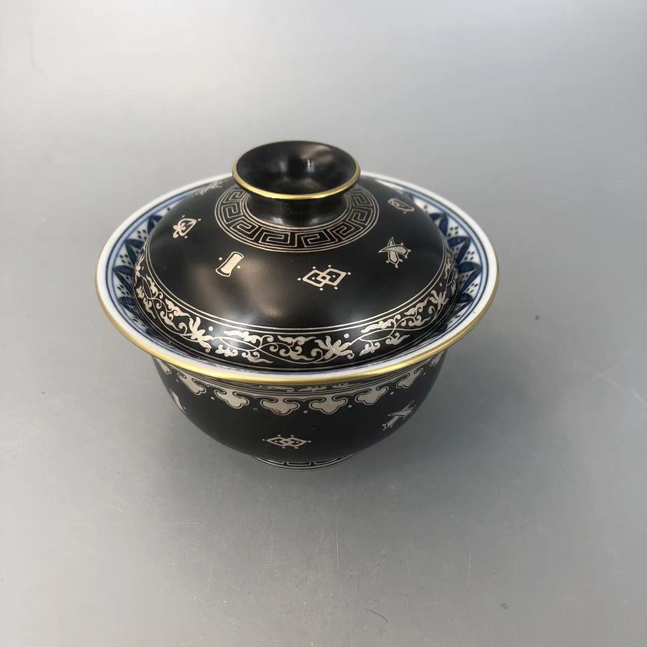 【非遗茶空间】无光黑内外满绘八宝盖碗    良朋  中式茶具 
